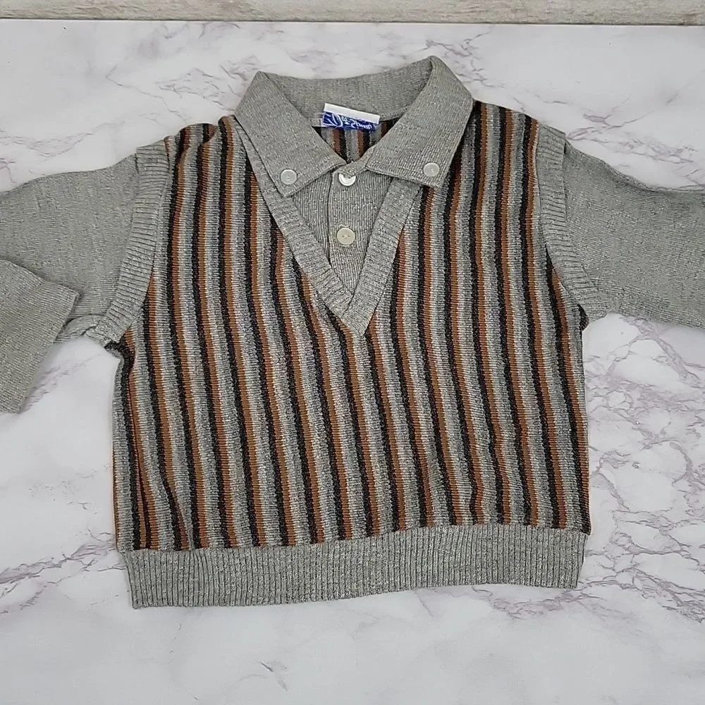 Doe Spun Vintage Grandpacore Striped Sweater Vest Polo Long Sleeve Boys 4T